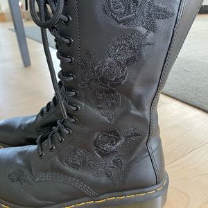 Doc Martens lightly warn. Rose embroidery on the side.